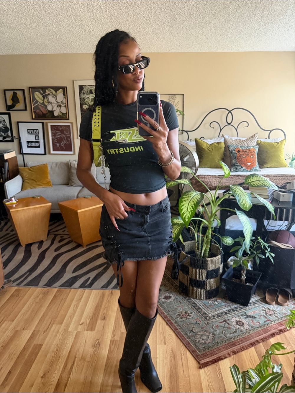 Guess Black Lace-Up Denim Mini Skirt